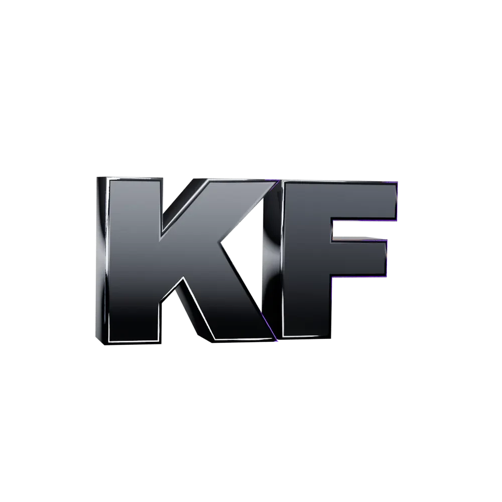 Monograma KF em cromo, renderizado no Blender.